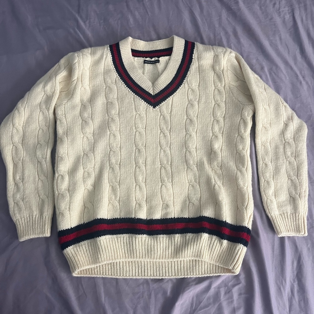 Brandy Melville Nikki heavy wool sweater vintage cardigan navy red ivory trim